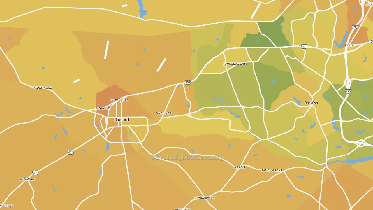Map of the best neighborhoods in the Hoke County area, with better matches in green and worse matches in red