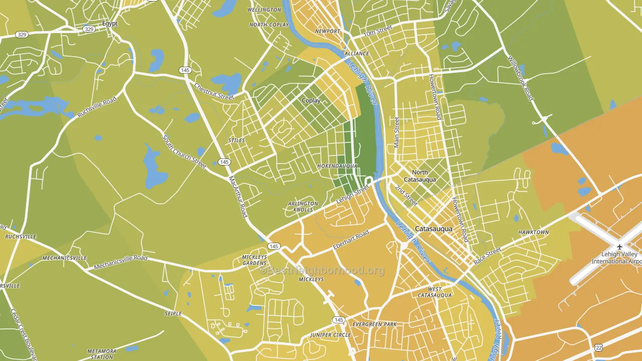 Map of the best neighborhoods in the Hokendauqua area, with better matches in green and worse matches in red