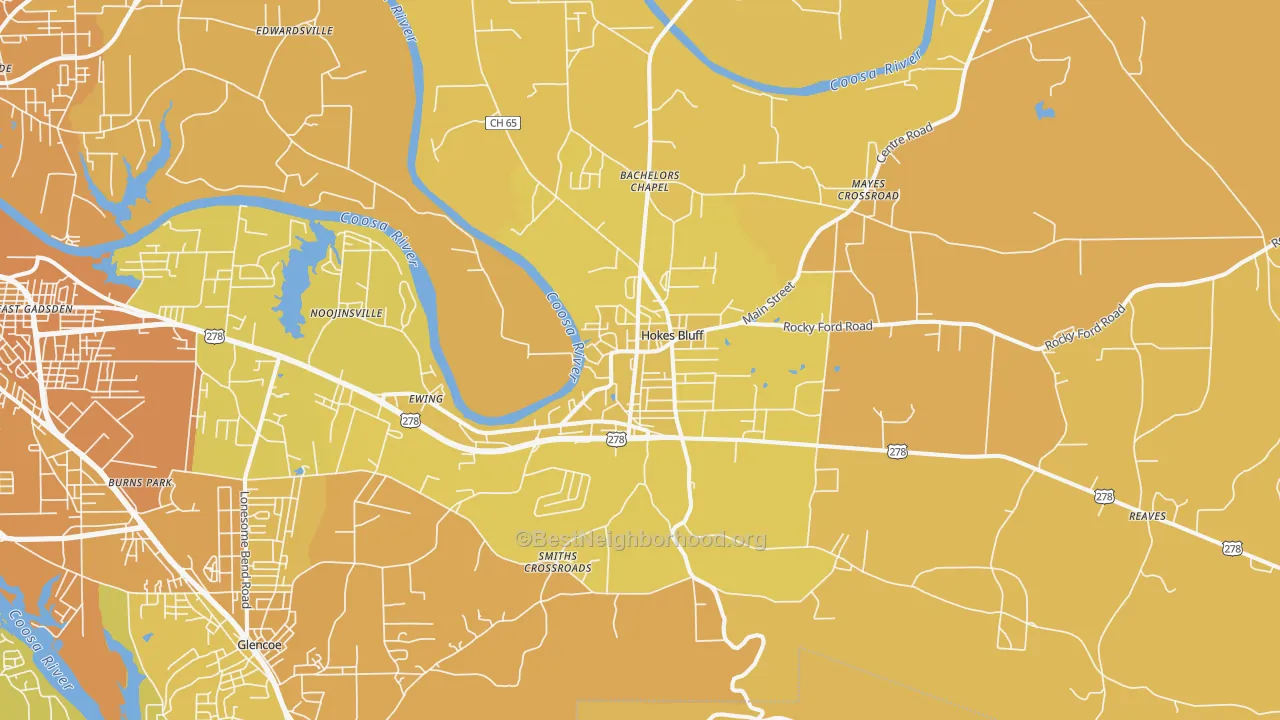 Map of the best neighborhoods in the Hokes Bluff area, with better matches in green and worse matches in red