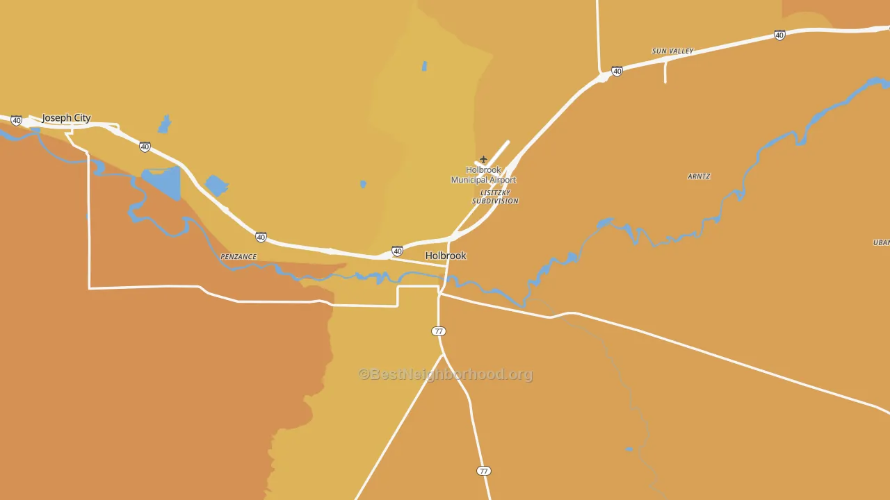 Map of the best neighborhoods in the Holbrook area, with better matches in green and worse matches in red