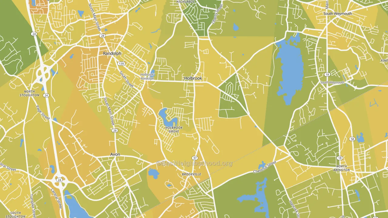 Map of the best neighborhoods in the Holbrook area, with better matches in green and worse matches in red