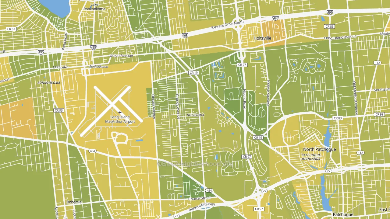 Map of the best neighborhoods in the Holbrook area, with better matches in green and worse matches in red