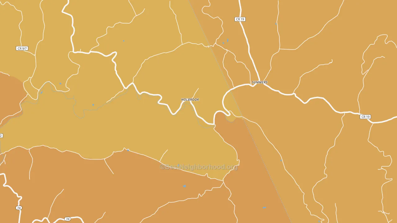 Map of the best neighborhoods in the Holbrook area, with better matches in green and worse matches in red