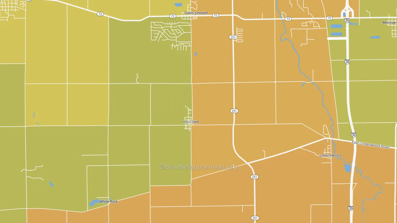 Map of the best neighborhoods in the Holcomb area, with better matches in green and worse matches in red