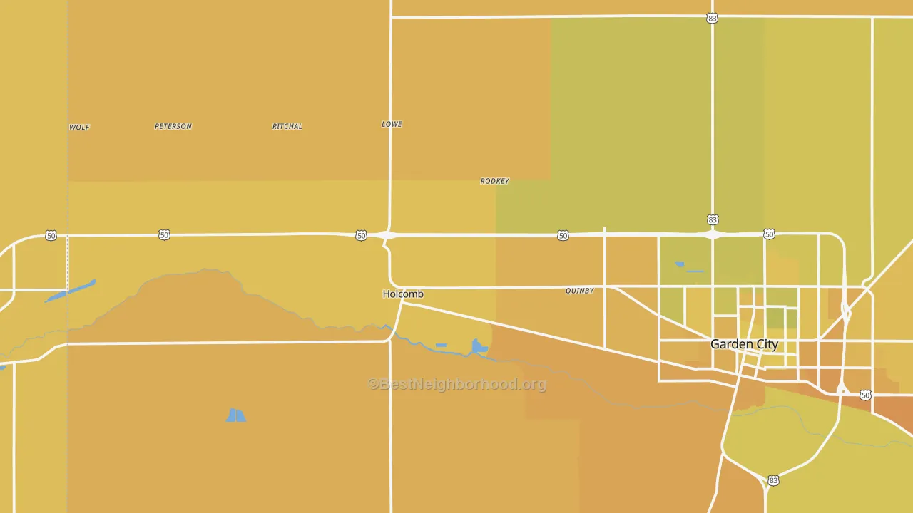 Map of the best neighborhoods in the Holcomb area, with better matches in green and worse matches in red