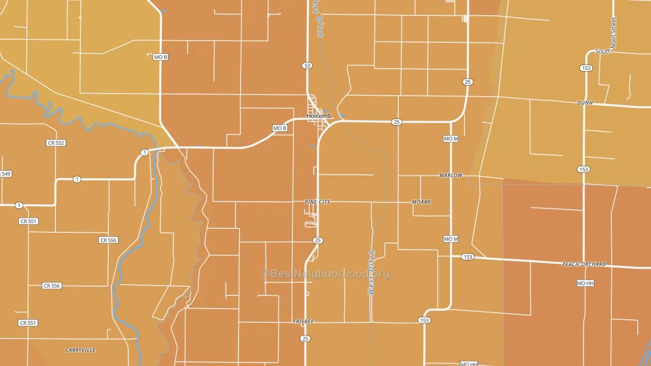 Map of the best neighborhoods in the Holcomb area, with better matches in green and worse matches in red