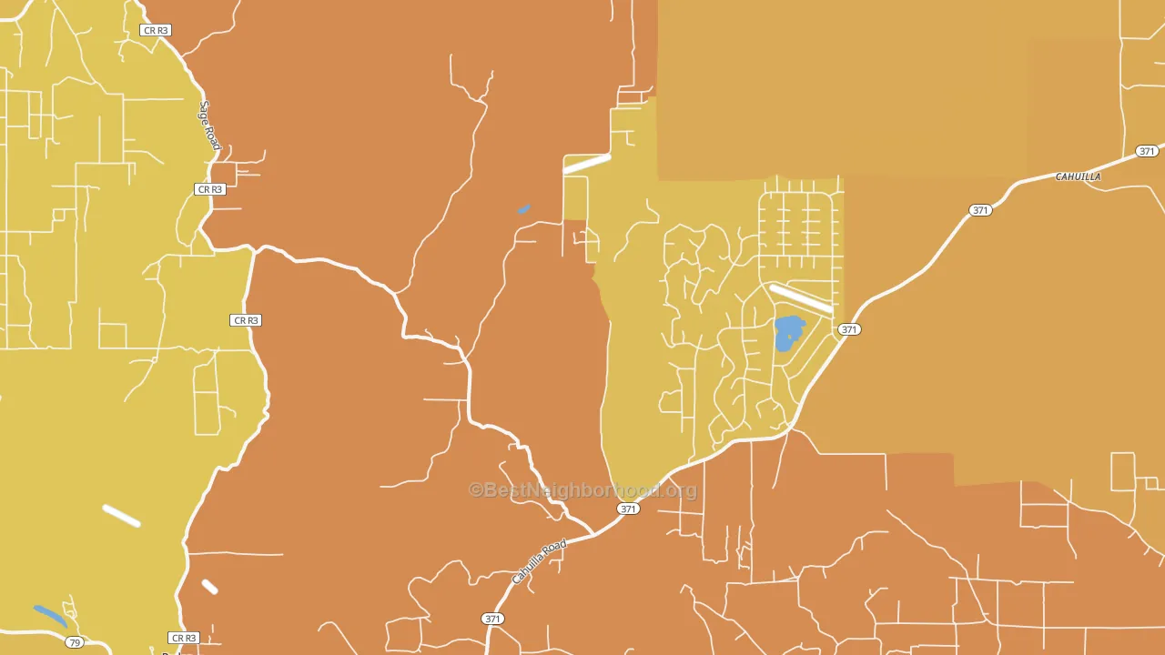 Map of the best neighborhoods in the Holcomb Village area, with better matches in green and worse matches in red