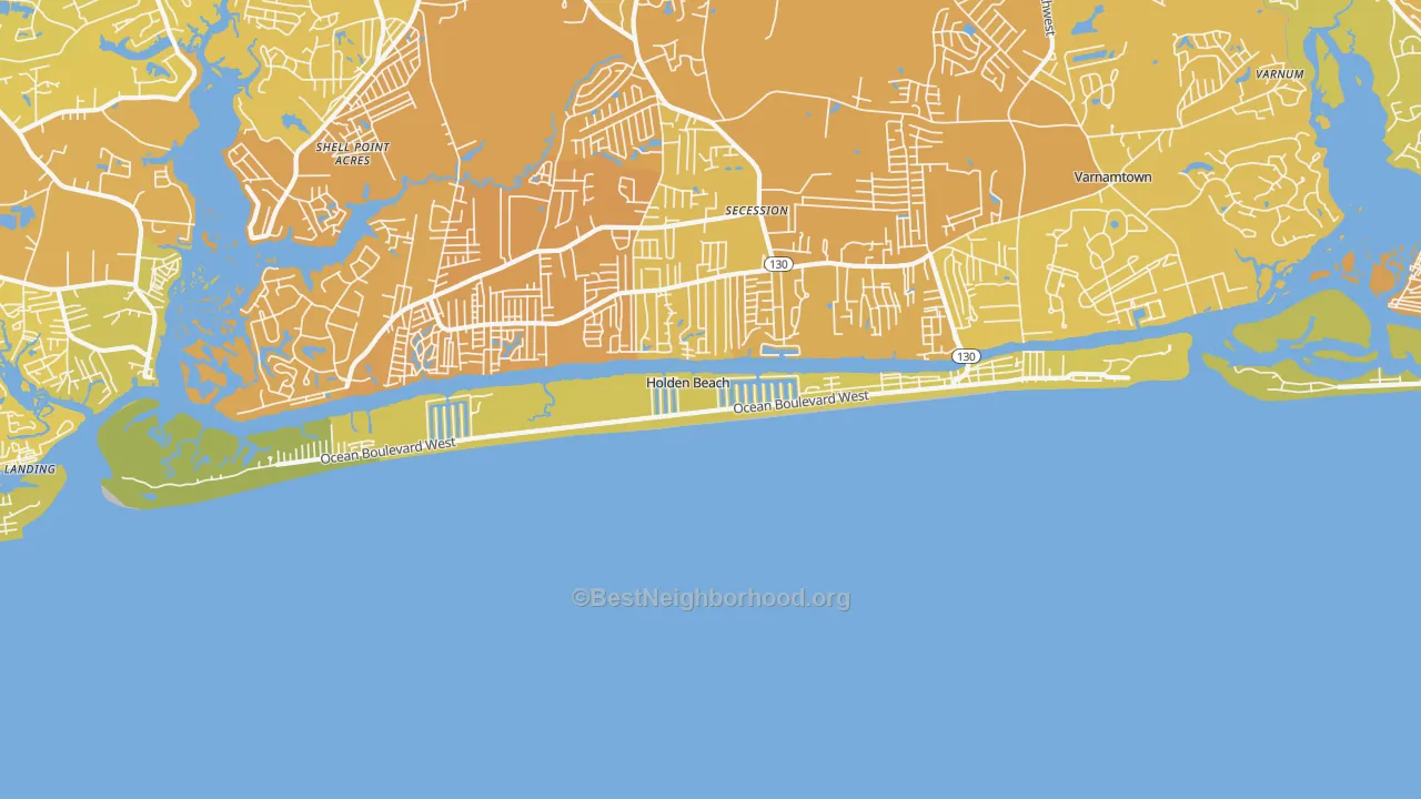 Map of the best neighborhoods in the Holden Beach area, with better matches in green and worse matches in red