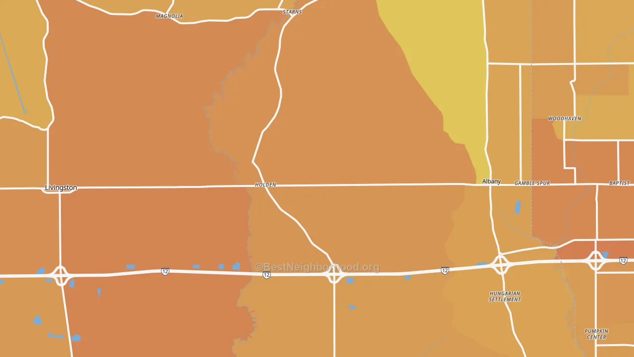 Map of the best neighborhoods in the Holden area, with better matches in green and worse matches in red