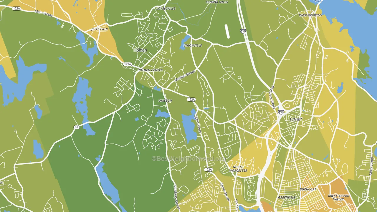 Map of the best neighborhoods in the Holden area, with better matches in green and worse matches in red