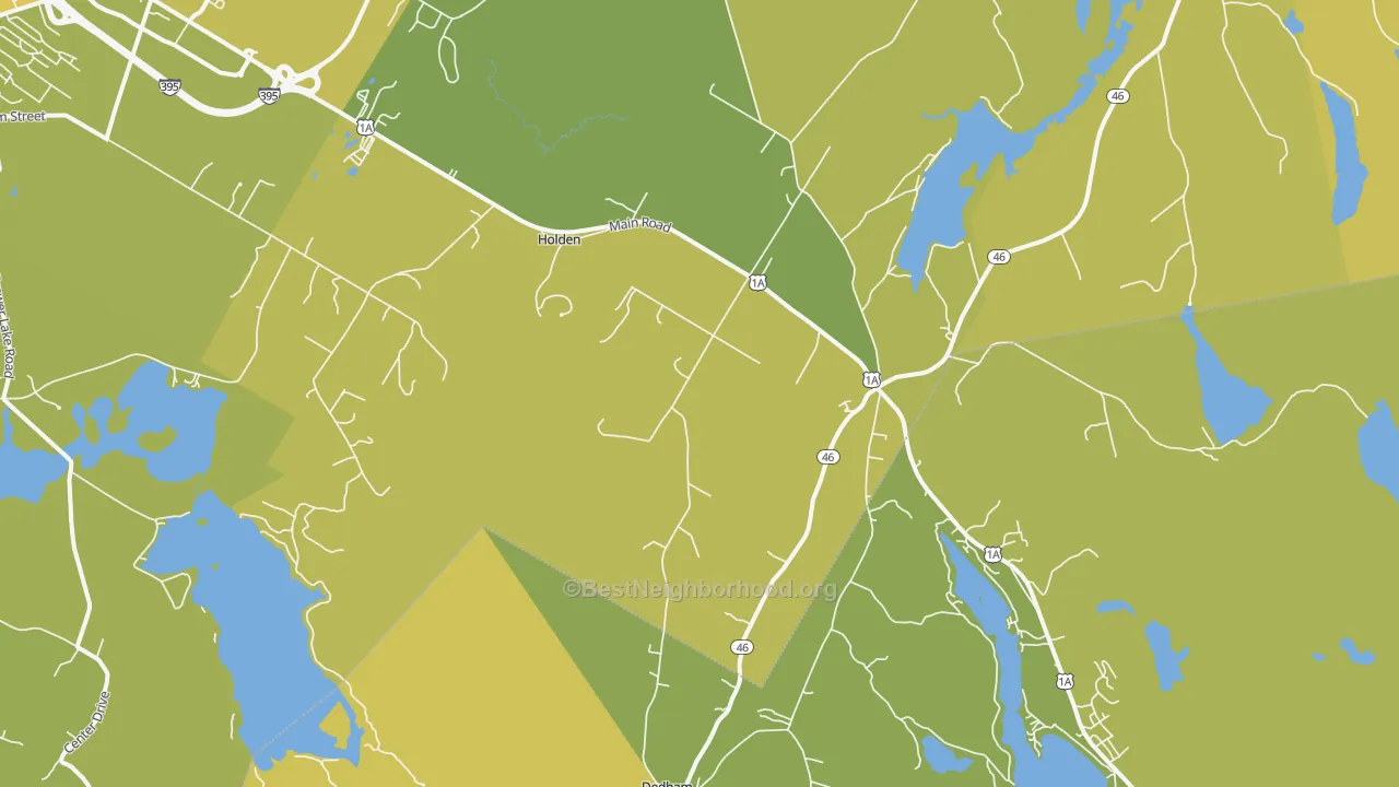 Map of the best neighborhoods in the Holden area, with better matches in green and worse matches in red