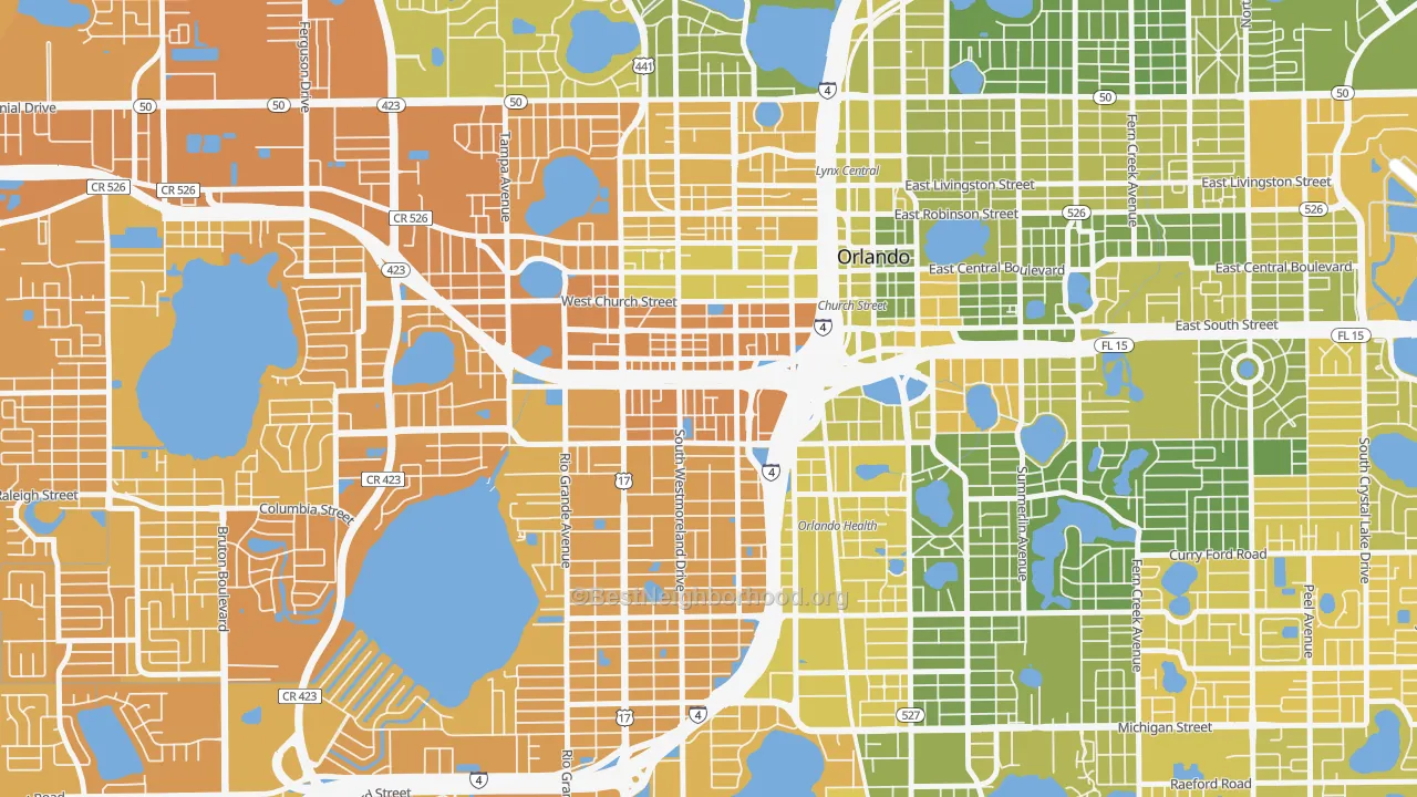 Map of the best neighborhoods in the Holden-Parramore, Orlando area, with better matches in green and worse matches in red