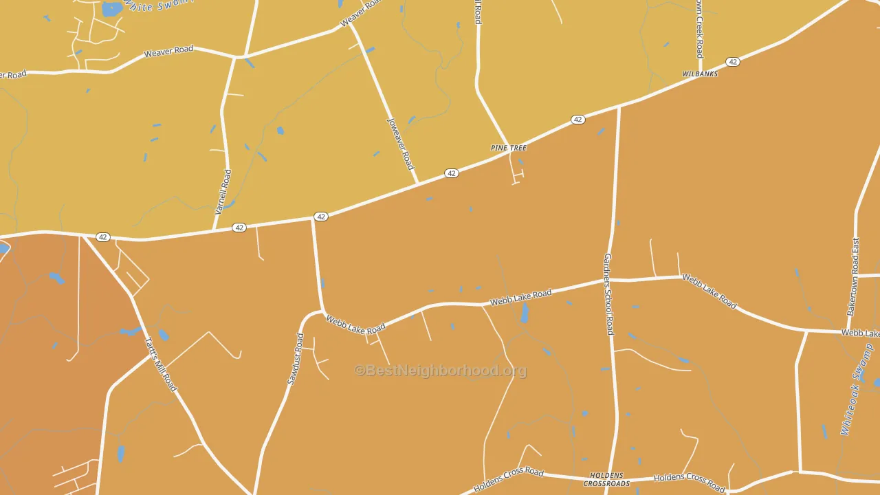 Map of the best neighborhoods in the Holdens Crossroads area, with better matches in green and worse matches in red