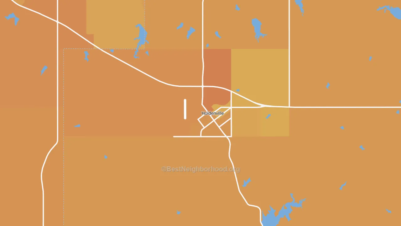 Map of the best neighborhoods in the Holdenville area, with better matches in green and worse matches in red