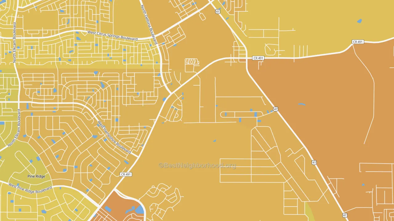 Map of the best neighborhoods in the Holder area, with better matches in green and worse matches in red