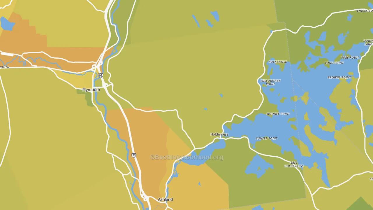 Map of the best neighborhoods in the Holderness area, with better matches in green and worse matches in red
