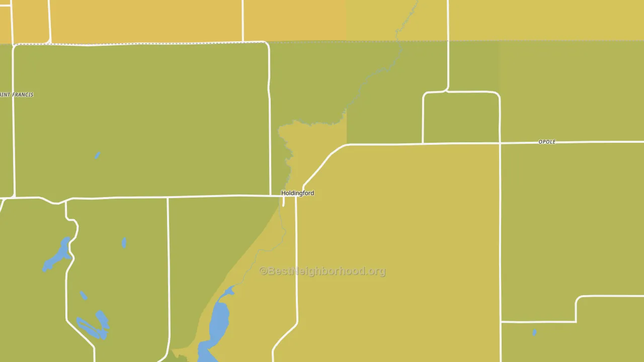 Map of the best neighborhoods in the Holdingford area, with better matches in green and worse matches in red
