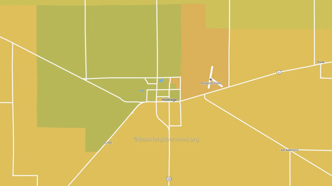 Map of the best neighborhoods in the Holdrege area, with better matches in green and worse matches in red