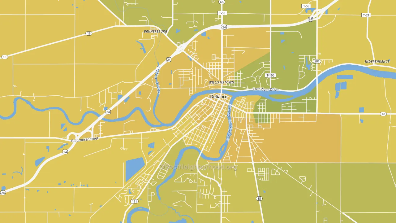 Map of the best neighborhoods in the Holgate Avenue Historic District, Defiance area, with better matches in green and worse matches in red