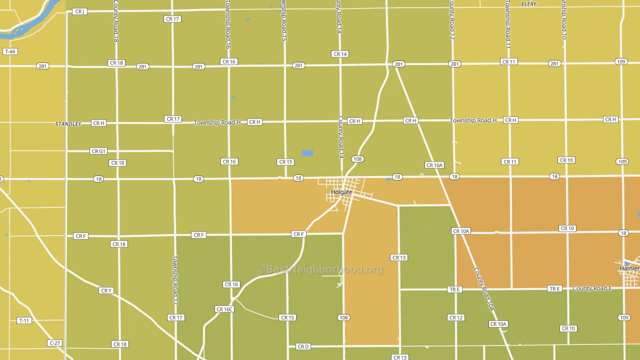 Map of the best neighborhoods in the Holgate area, with better matches in green and worse matches in red