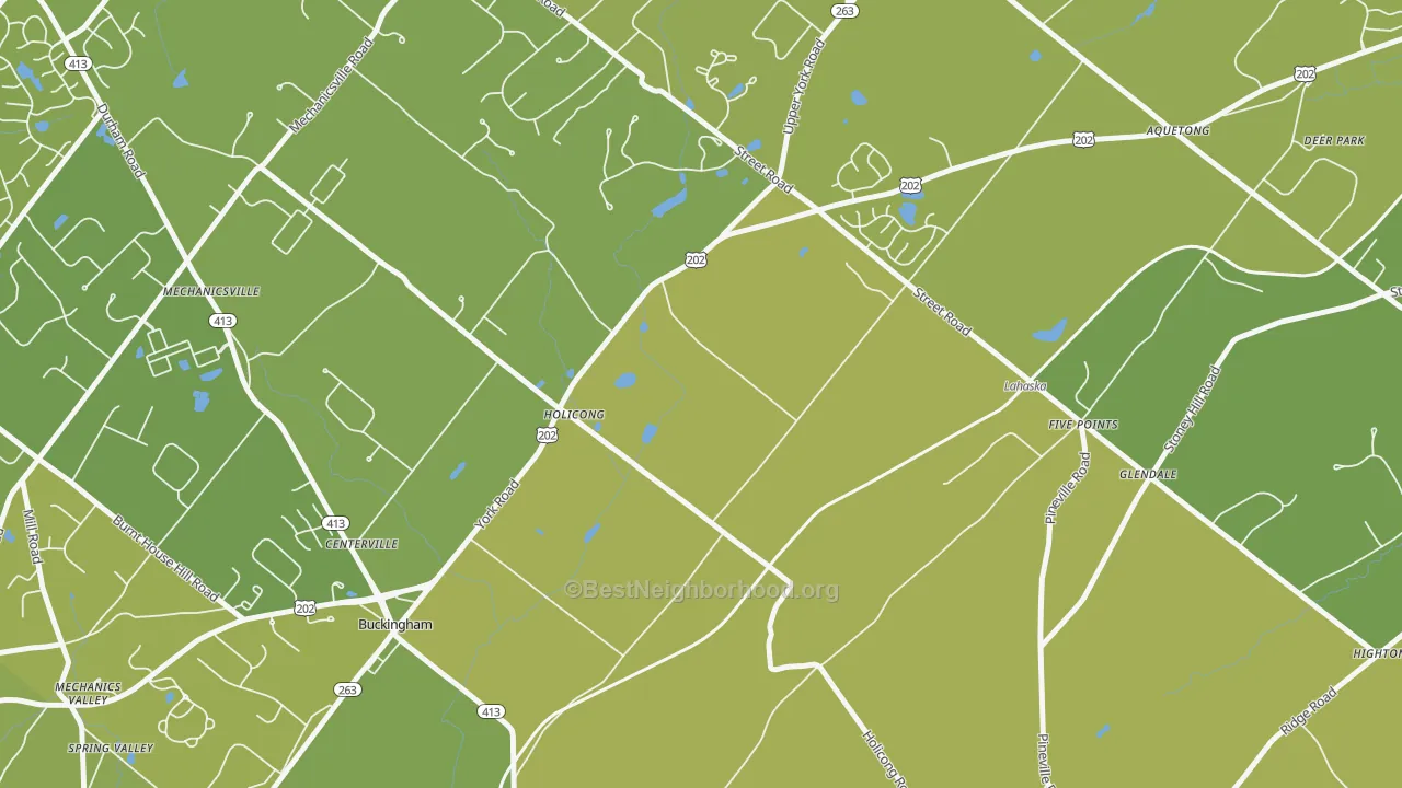 Map of the best neighborhoods in the Holicong area, with better matches in green and worse matches in red