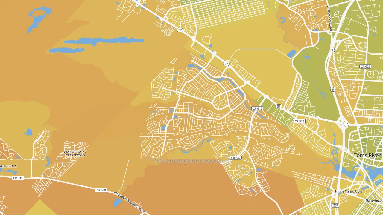 Map of the best neighborhoods in the Holiday City-Berkeley area, with better matches in green and worse matches in red