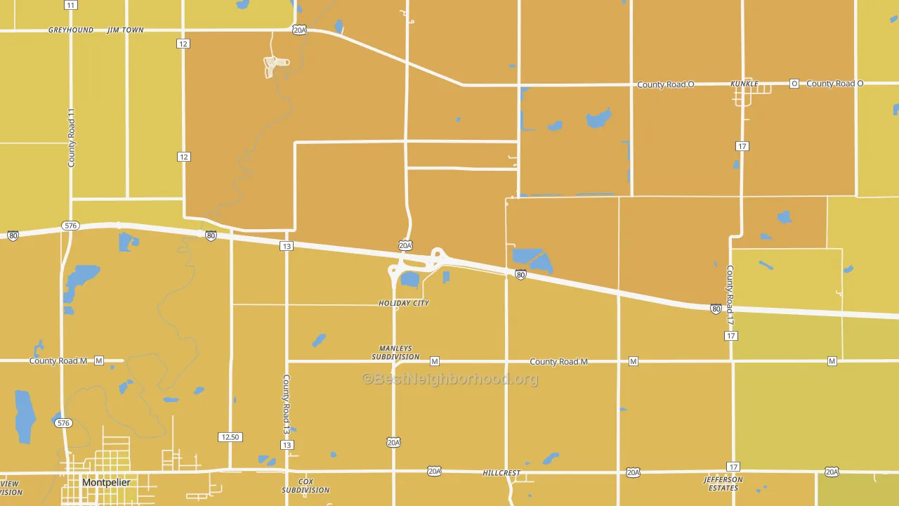 Map of the best neighborhoods in the Holiday City area, with better matches in green and worse matches in red