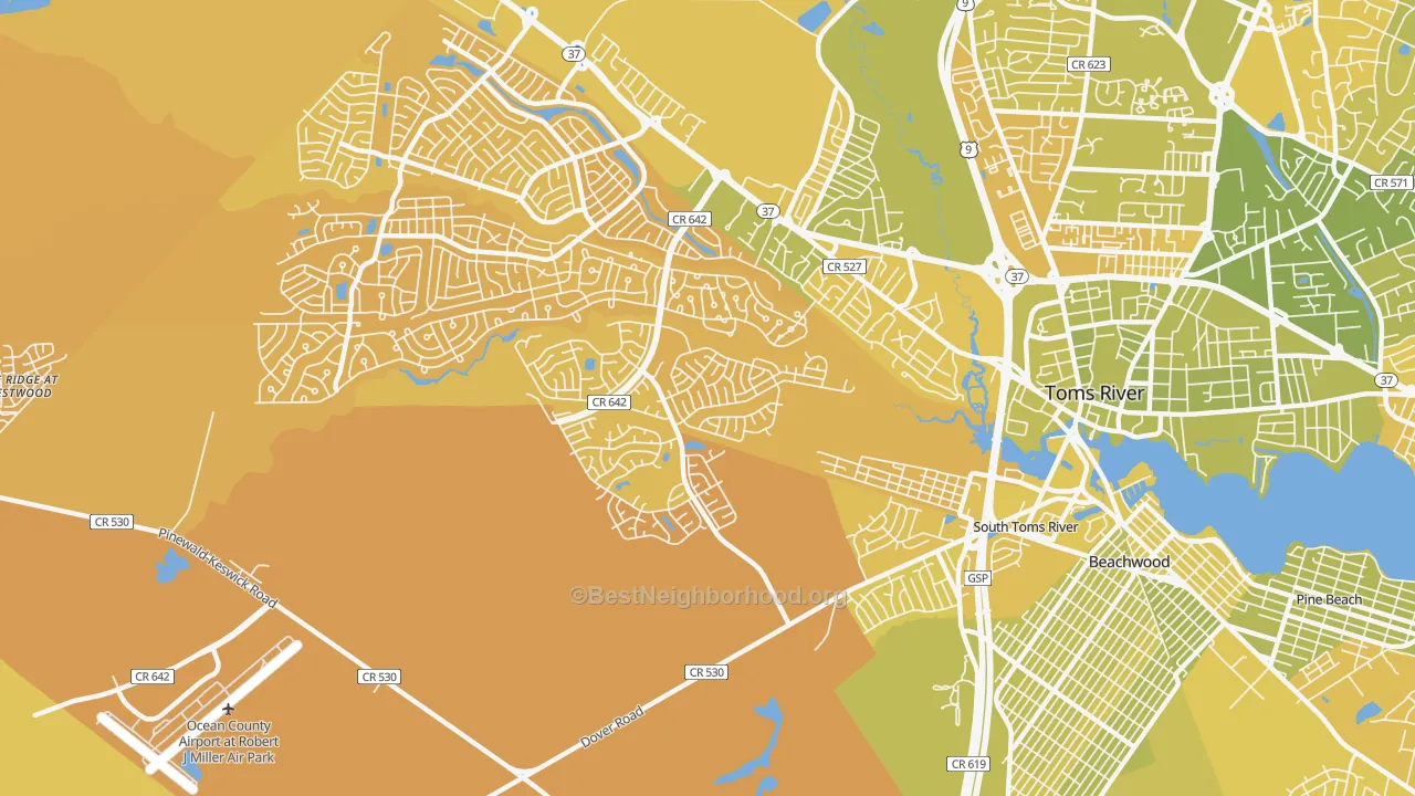 Map of the best neighborhoods in the Holiday City South area, with better matches in green and worse matches in red