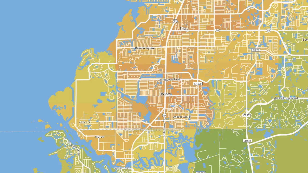 Map of the best neighborhoods in the Holiday area, with better matches in green and worse matches in red