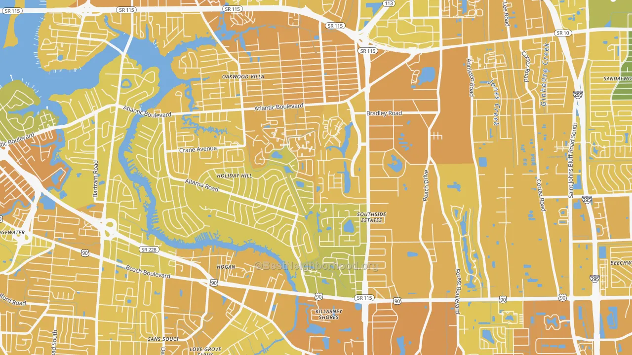 Map of the best neighborhoods in the Holiday Hill, Jacksonville area, with better matches in green and worse matches in red