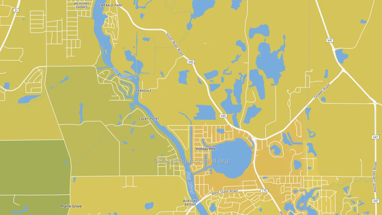 Map of the best neighborhoods in the Holiday Hills area, with better matches in green and worse matches in red