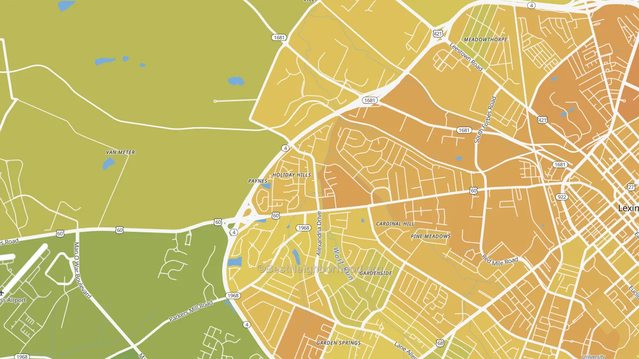 Map of the best neighborhoods in the Holiday Hills, Lexington area, with better matches in green and worse matches in red