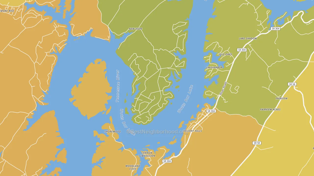 Map of the best neighborhoods in the Holiday Hills area, with better matches in green and worse matches in red