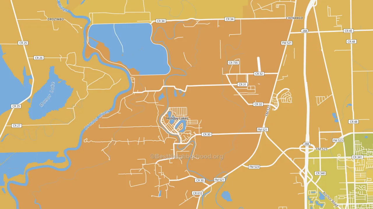 Map of the best neighborhoods in the Holiday Lakes area, with better matches in green and worse matches in red