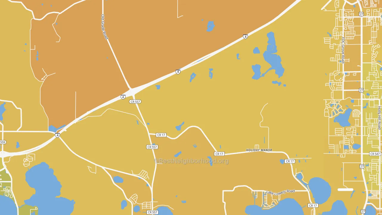 Map of the best neighborhoods in the Holiday Manor area, with better matches in green and worse matches in red