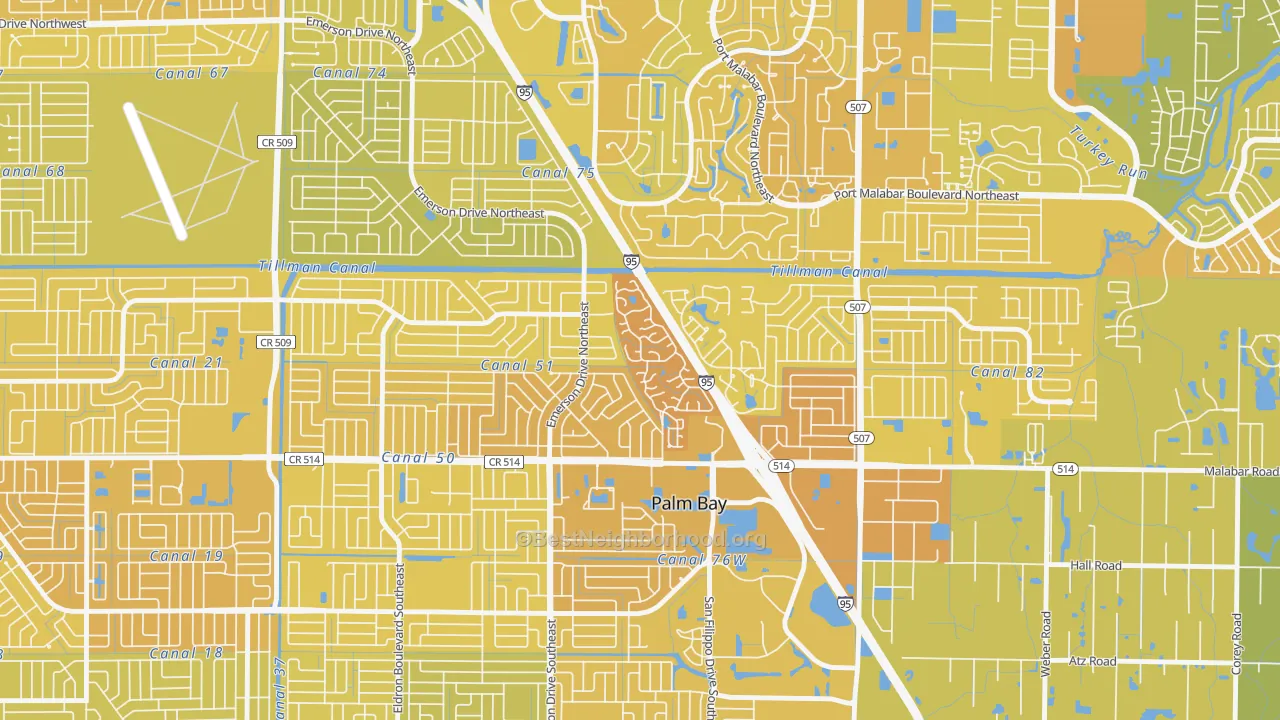 Map of the best neighborhoods in the Holiday Park, Palm Bay area, with better matches in green and worse matches in red