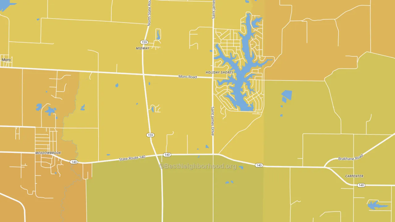 Map of the best neighborhoods in the Holiday Shores area, with better matches in green and worse matches in red