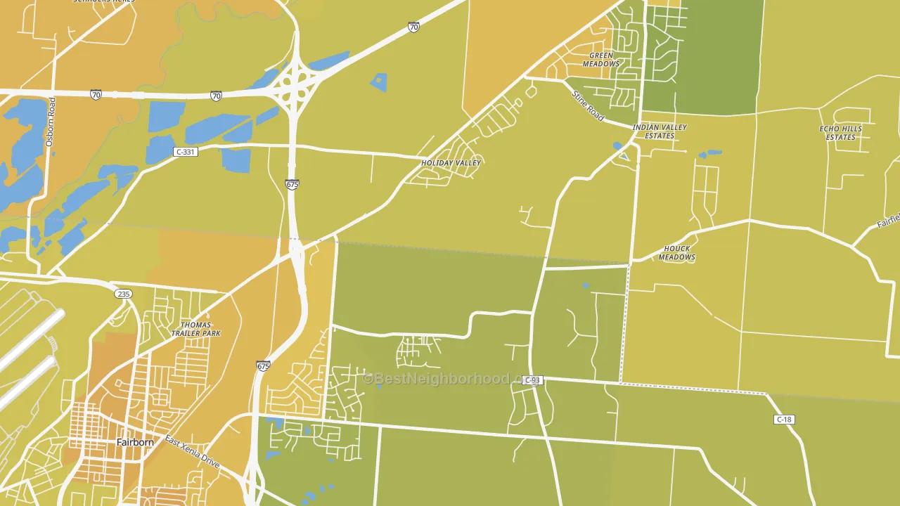 Map of the best neighborhoods in the Holiday Valley area, with better matches in green and worse matches in red