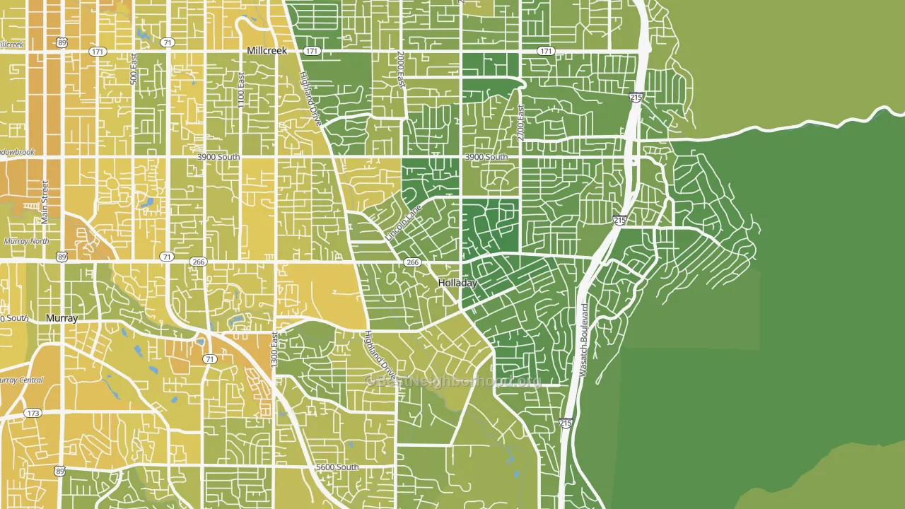 Map of the best neighborhoods in the Holladay area, with better matches in green and worse matches in red