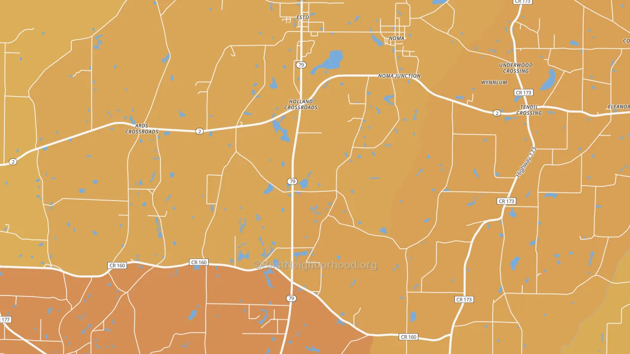 Map of the best neighborhoods in the Holland Crossroads area, with better matches in green and worse matches in red