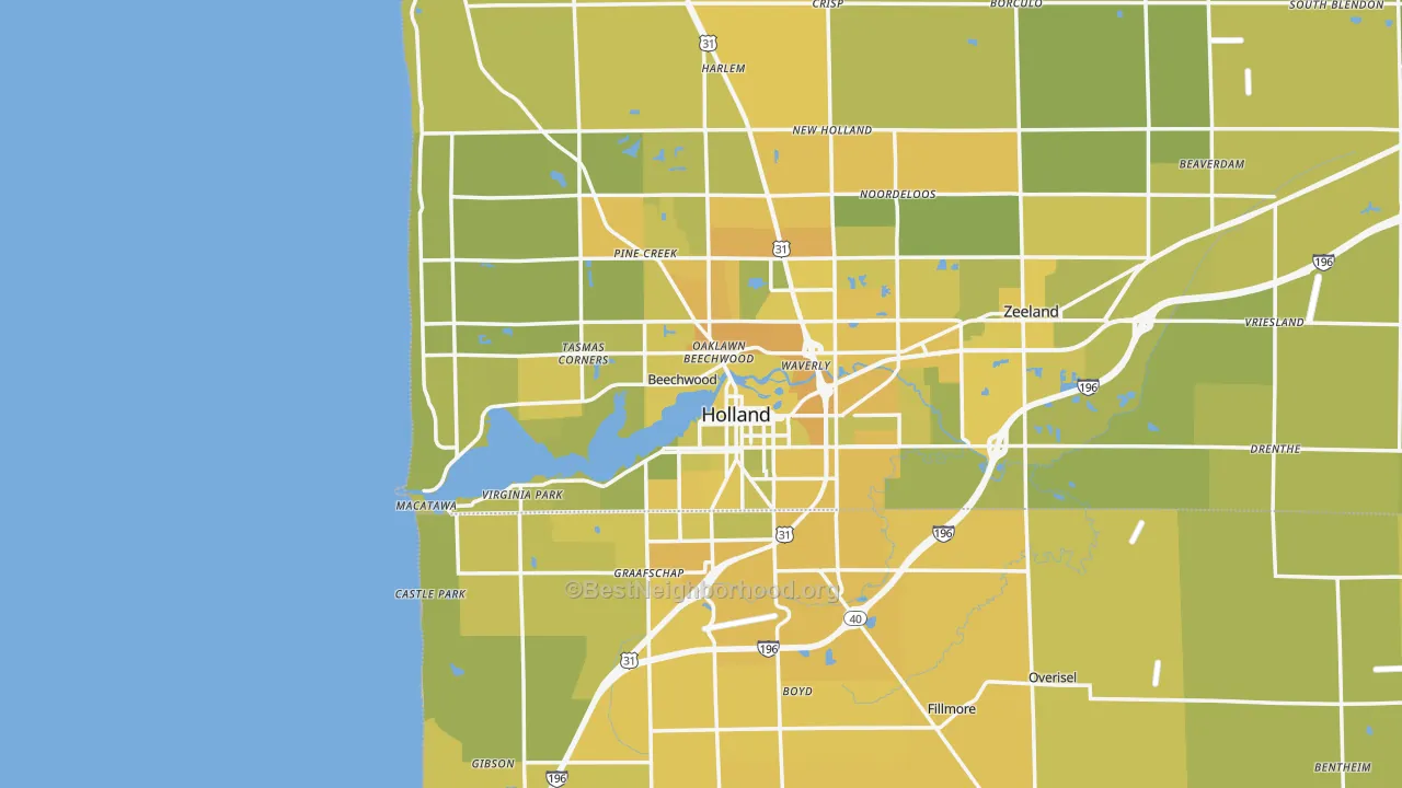 Map of the best neighborhoods in the Holland area, with better matches in green and worse matches in red