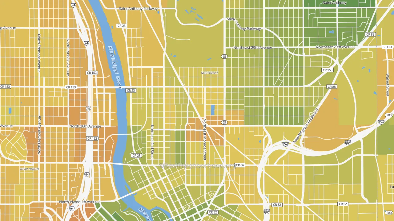 Map of the best neighborhoods in the Holland, Minneapolis area, with better matches in green and worse matches in red