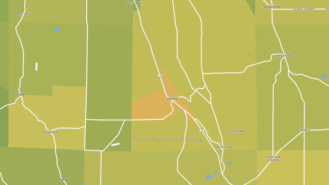 Map of the best neighborhoods in the Holland area, with better matches in green and worse matches in red