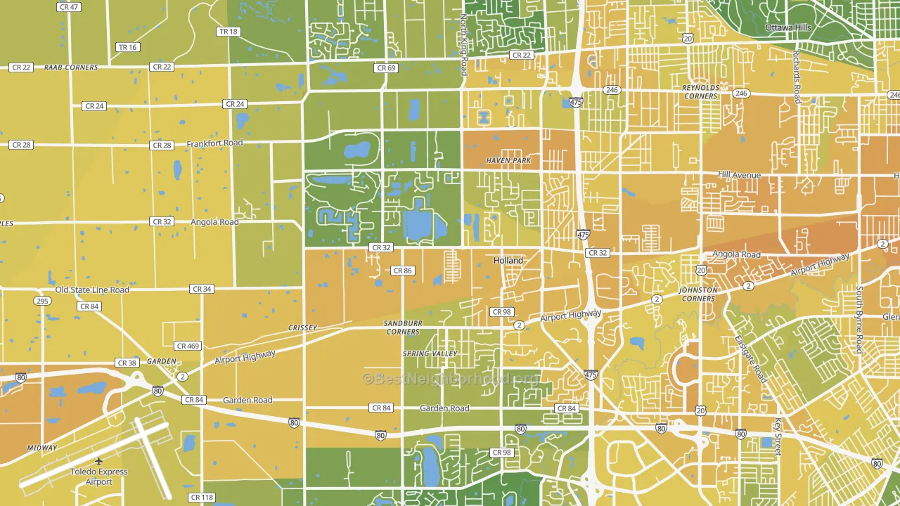 Map of the best neighborhoods in the Holland area, with better matches in green and worse matches in red