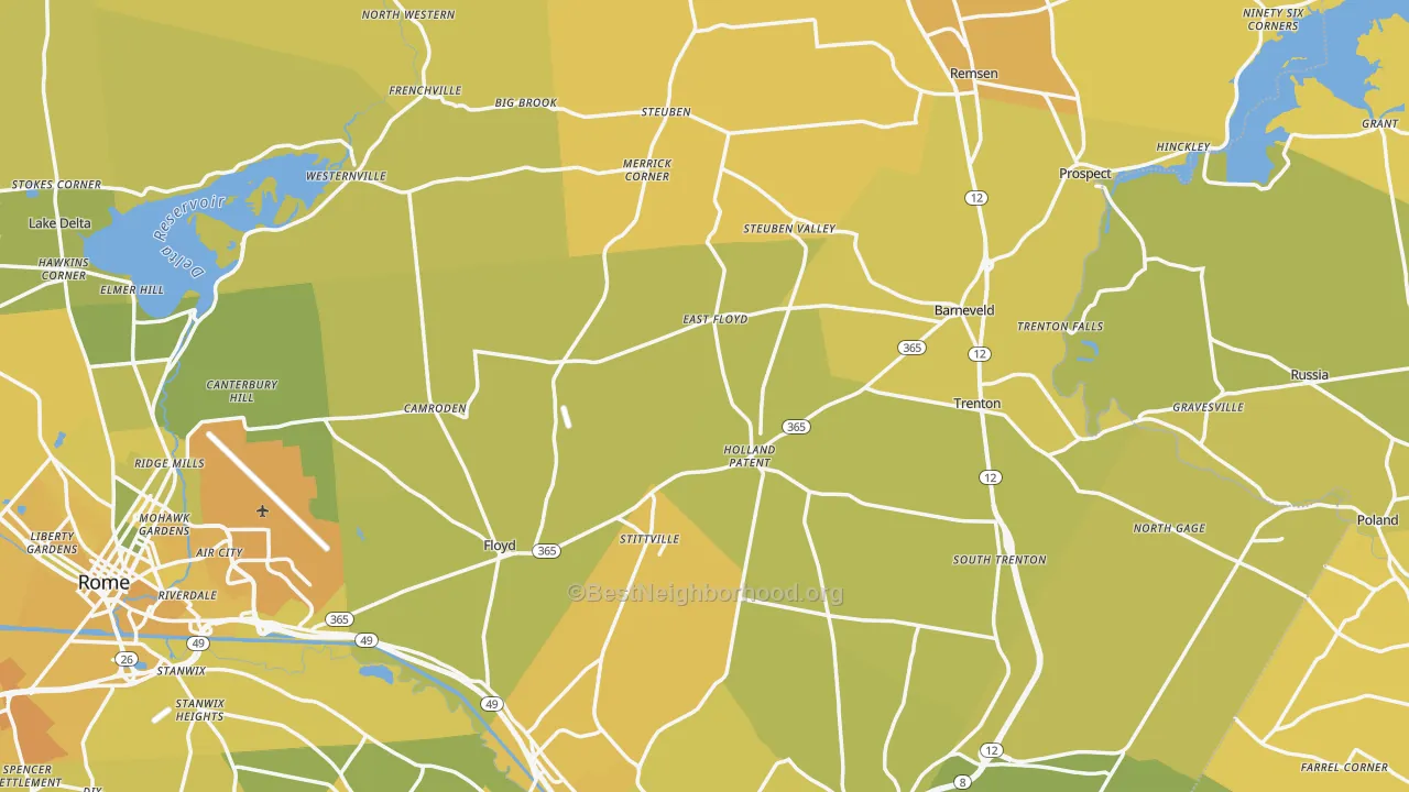 Map of the best neighborhoods in the Holland Patent area, with better matches in green and worse matches in red