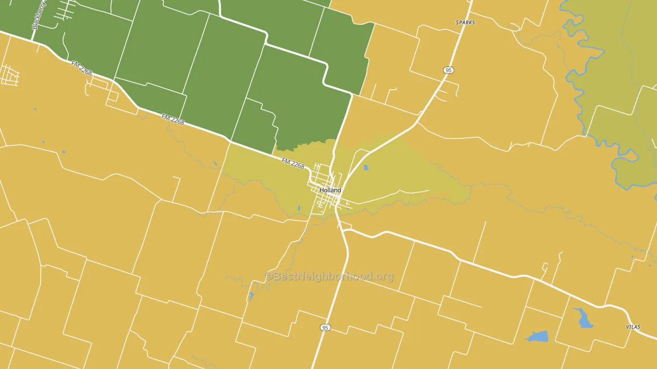 Map of the best neighborhoods in the Holland area, with better matches in green and worse matches in red