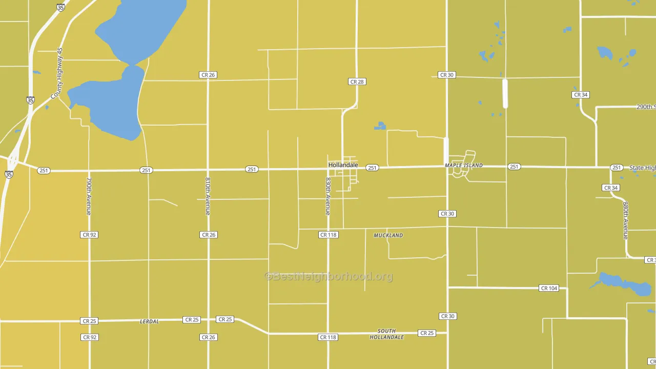 Map of the best neighborhoods in the Hollandale area, with better matches in green and worse matches in red