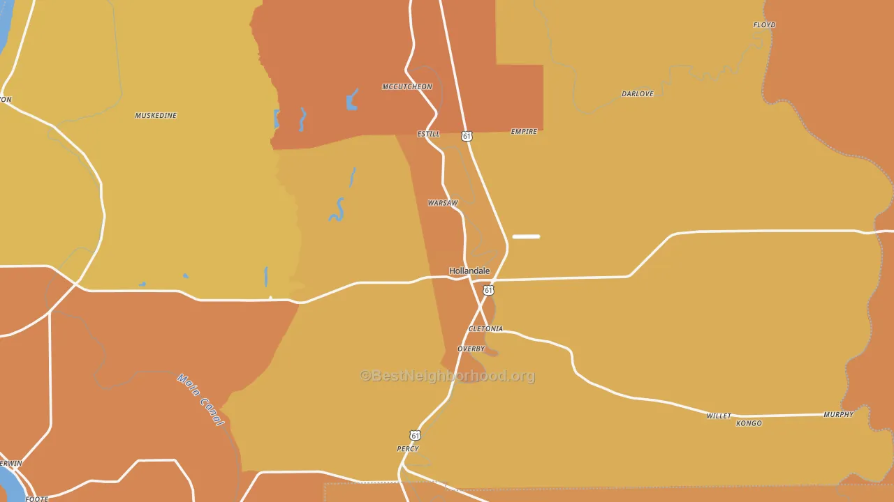Map of the best neighborhoods in the Hollandale area, with better matches in green and worse matches in red