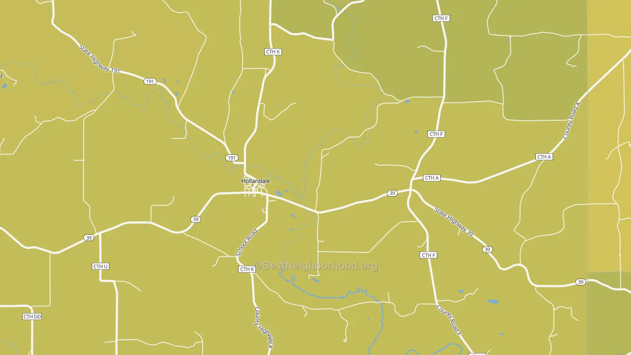 Map of the best neighborhoods in the Hollandale area, with better matches in green and worse matches in red