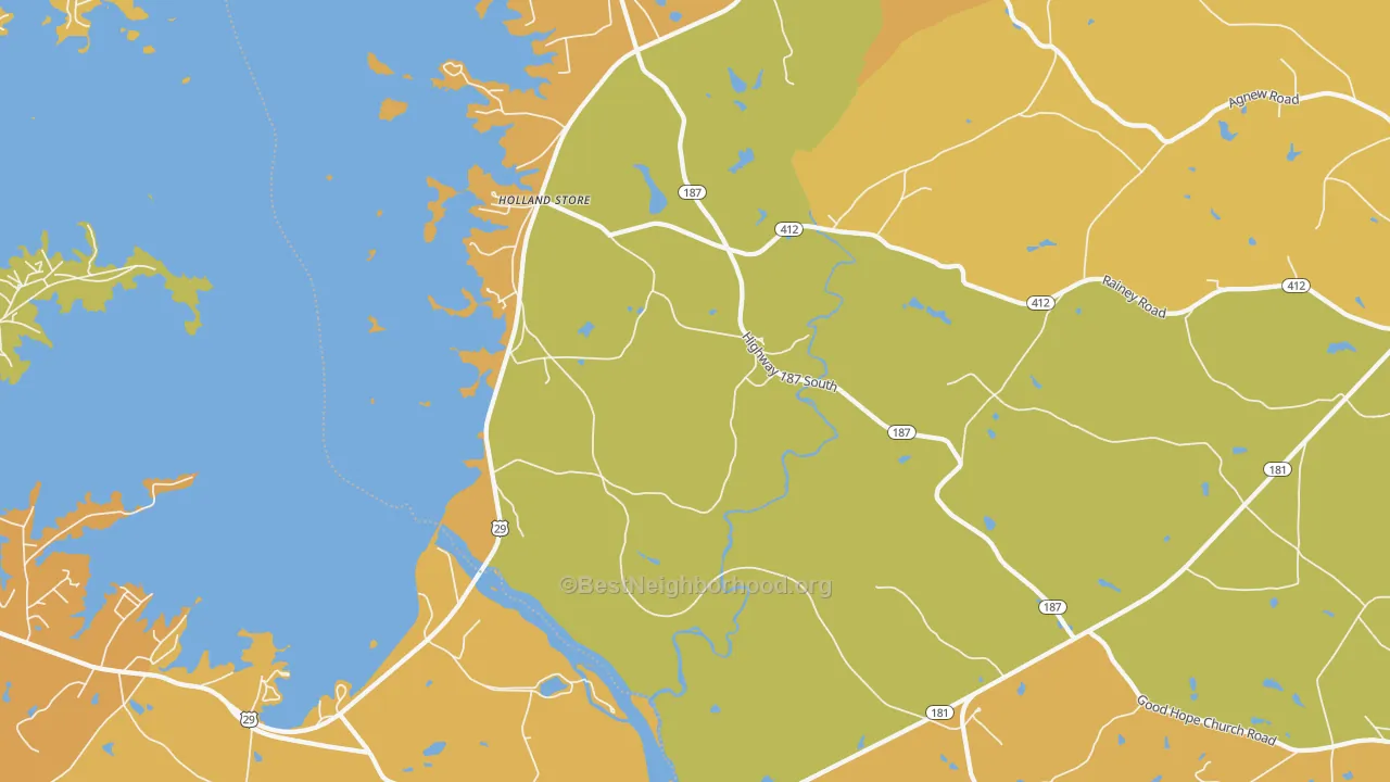 Map of the best neighborhoods in the Hollands Store area, with better matches in green and worse matches in red